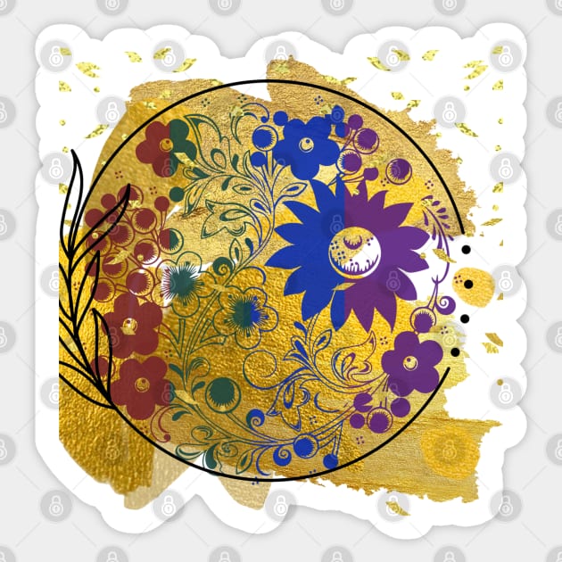 Multicoloured Floral motif mandala design illustration with gold paint splatter and confetti Sticker by Haze and Jovial